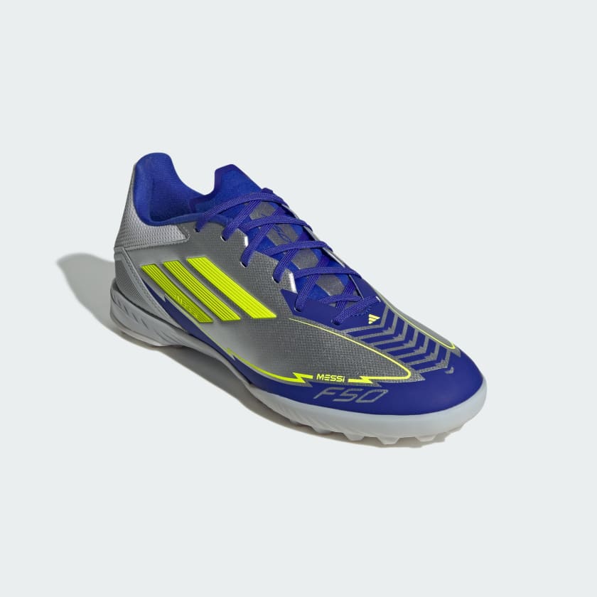 adidas F50 League Messi Turf Soccer Shoes MENS Silver Metallic Solar  Yellow Lucid Blue 4(UK)