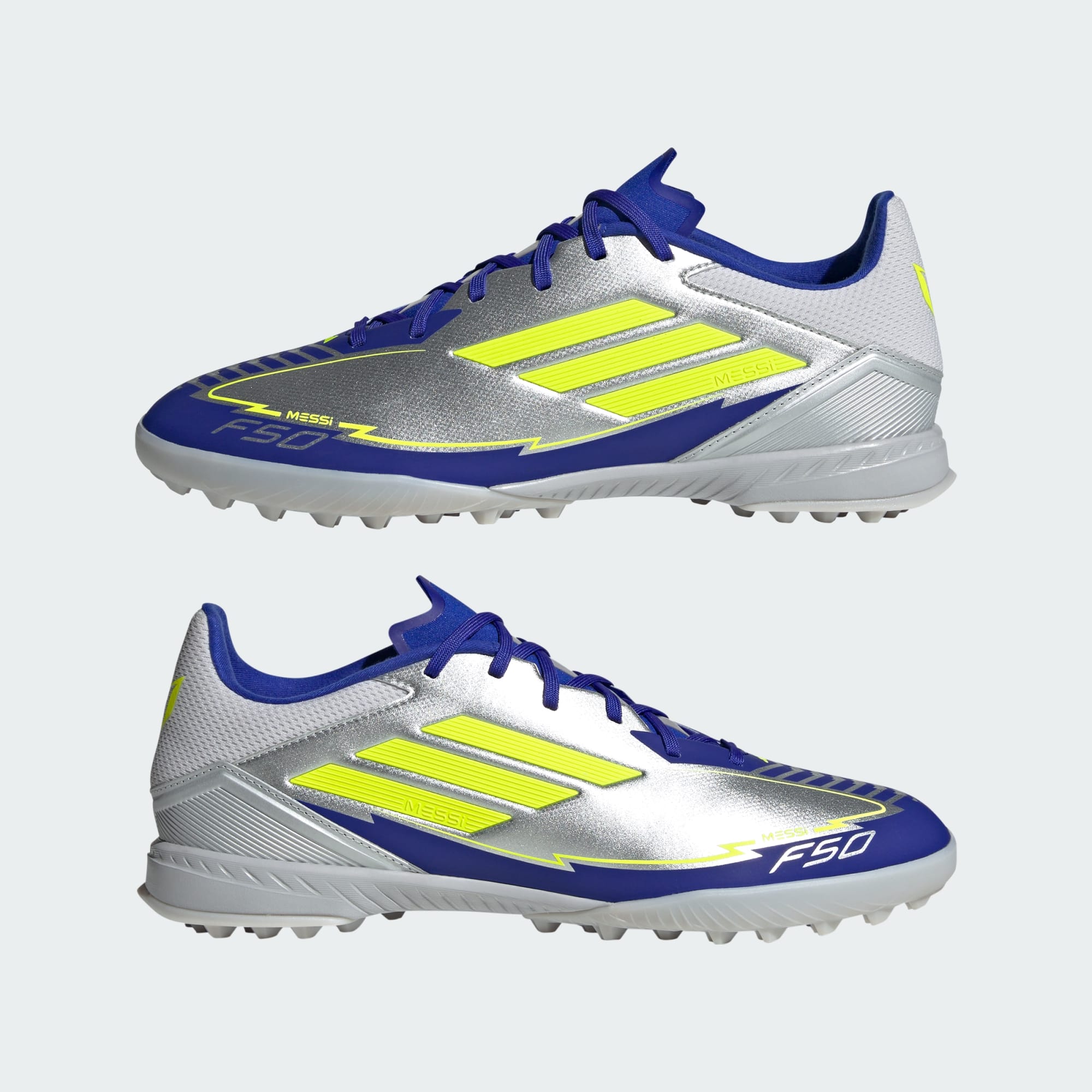 adidas F50 League Messi Turf Soccer Shoes MENS Silver Metallic Solar  Yellow Lucid Blue 4(UK)